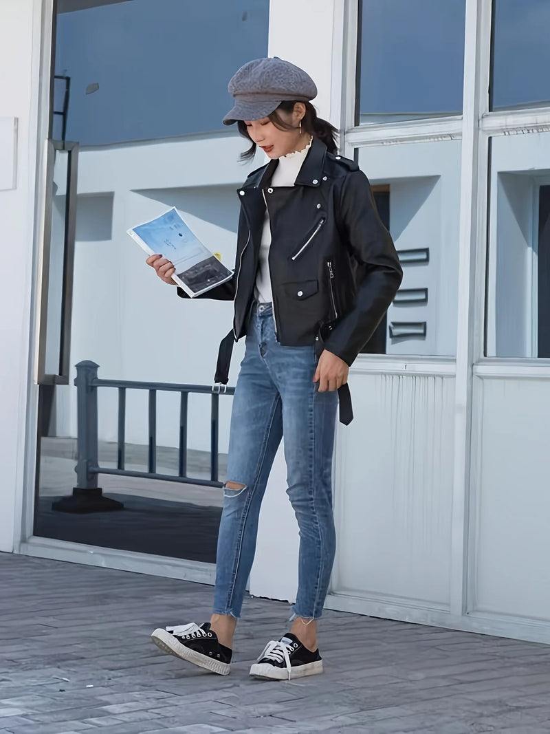 Women's Short American Retro Pu Motorcycle Leather Slim Jacket.