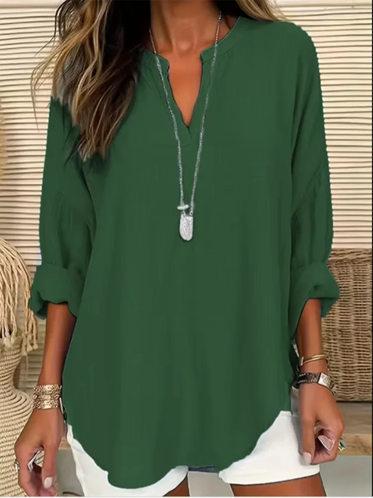 Women's Casual Loose Long Sleeve V-Neck T-Shirt Autumn Fashion Elegant Blue Top.