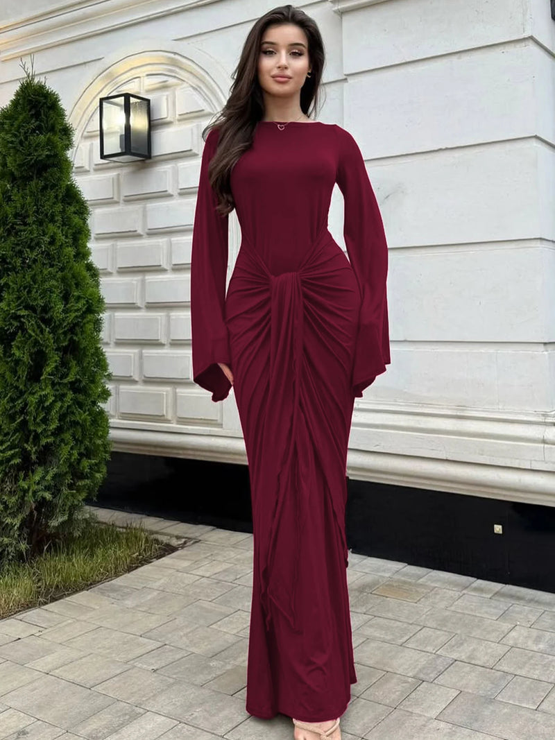Dulzura Autumn Fashion Elegant O-Neck Long Flare Sleeve Ruched Slim Fit Ribbon.