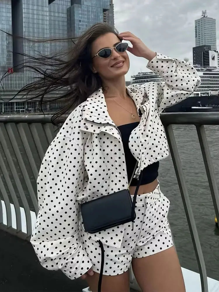 Polka Dot Shorts Sets For Women Trend Outfits Long Sleeve Zipper Turtleneck Jacket Coat Spring Woman Elegant 2 Piece.