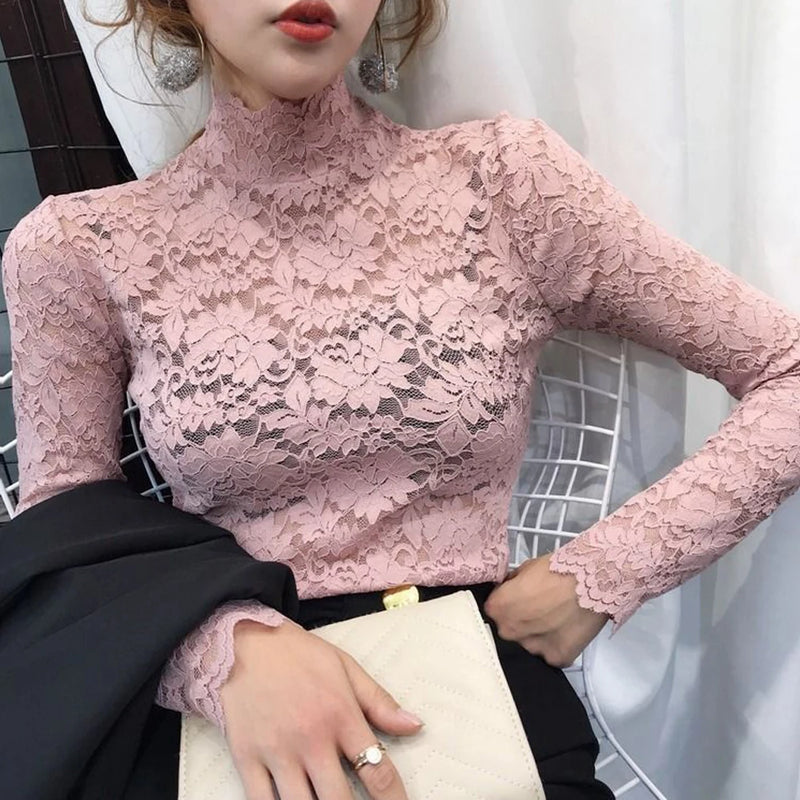 Stretch Floral Lace Petal Sleeve Shirt Women's Long Sleeved T Shirt Ladies.