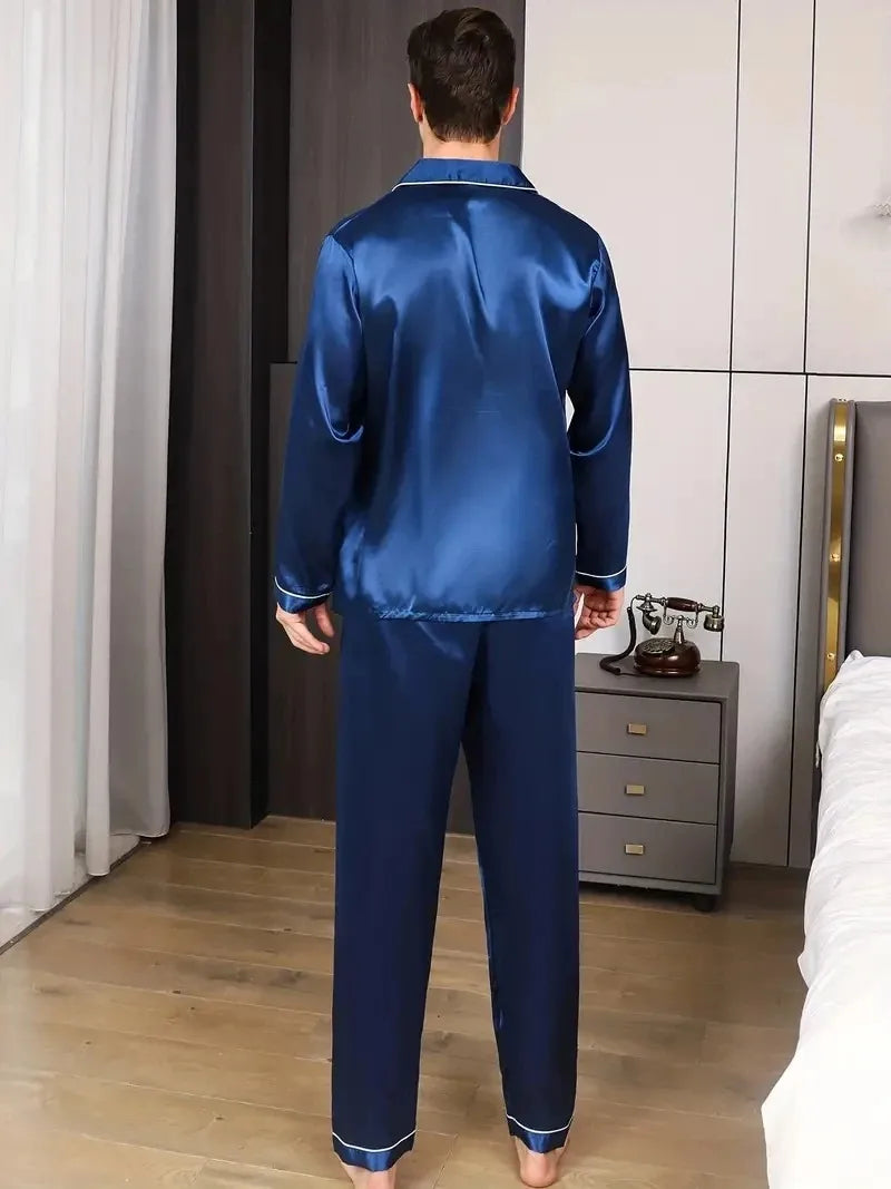 Men Pajamas Set Silk Satin Nightwear Shirt Long Sleeve.