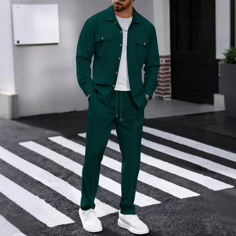 Men's solidcolor waffle longsleeved pants set high quality fashionable comfortable.