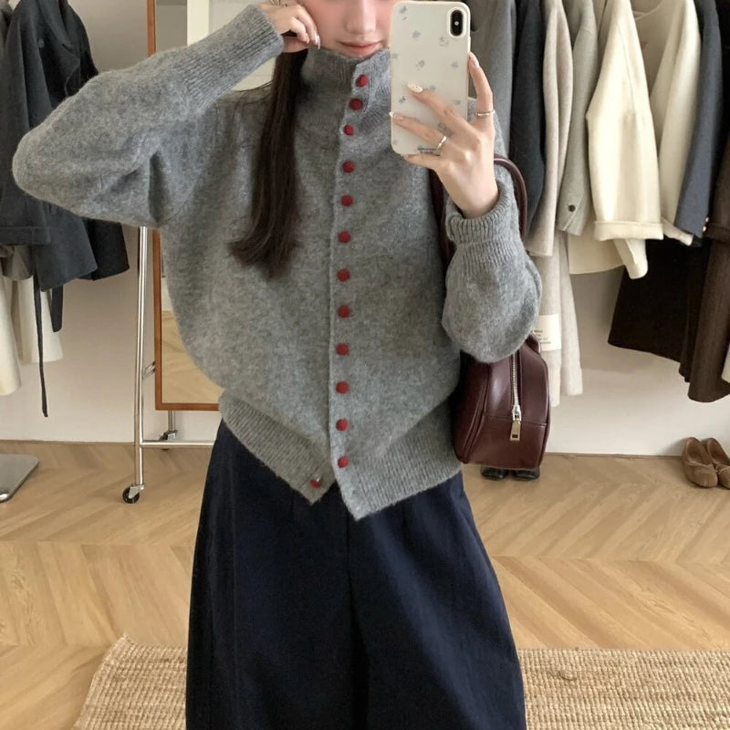 Winter Fashion New Korean Elegant Single Breasted Knitted High Necked.