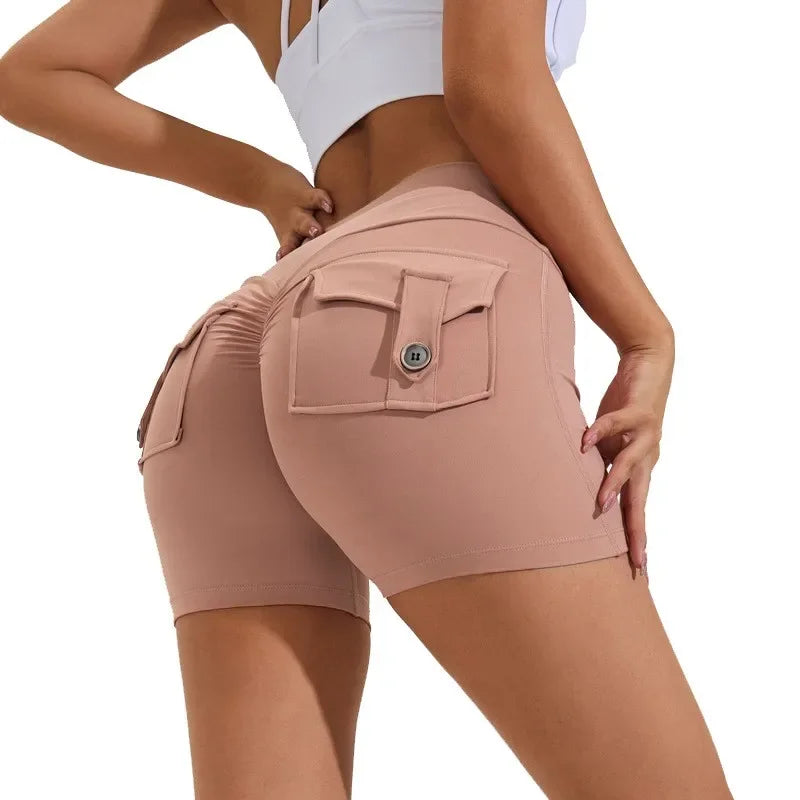 Fitness Exercise Three-Quarter Pants Cargo Air Dry Pocket Yoga Tight lift the hips Women's Shorts.