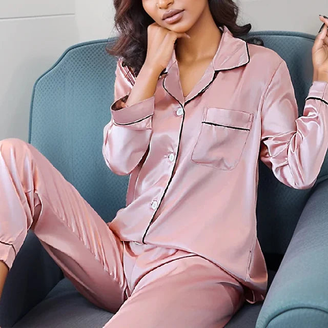 Plus Size Fall and Winter Silk Satin Women Pajamas Set Button down.