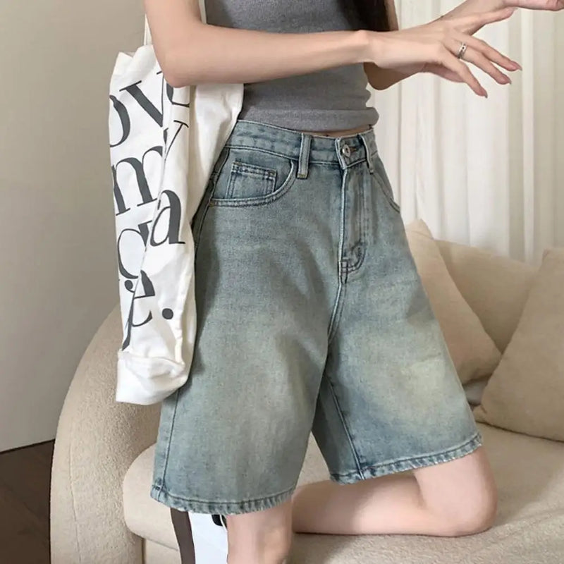 Retro Denim Shorts for Women Summer High Waist Five-point Pants.
