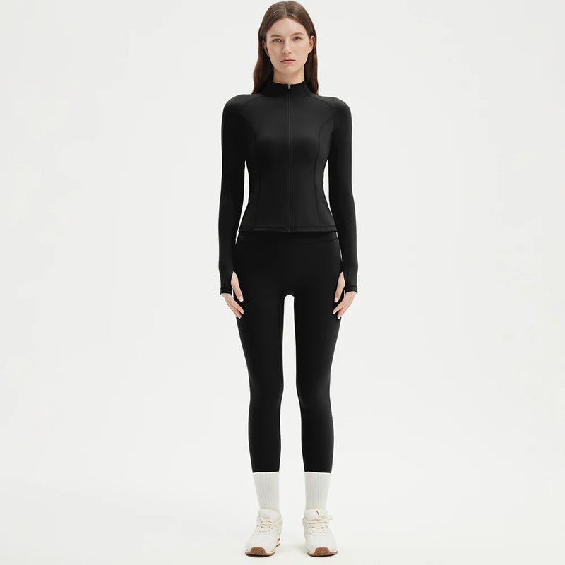 Two-piece Sports Set Women Solid Zipper Long Sleeve Sports Jacket & HighWaist Leggings.