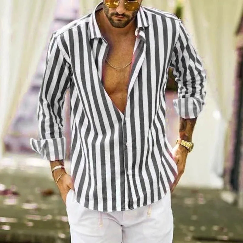 Men Striped Blouse Shirts Summer Spring Turn Down Collar Long Sleeve.