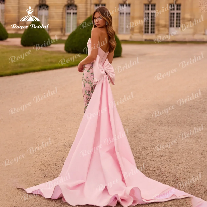 Luxurious Straples Mermaid Prom Dress Satin Beaded Detachable Train Bow.