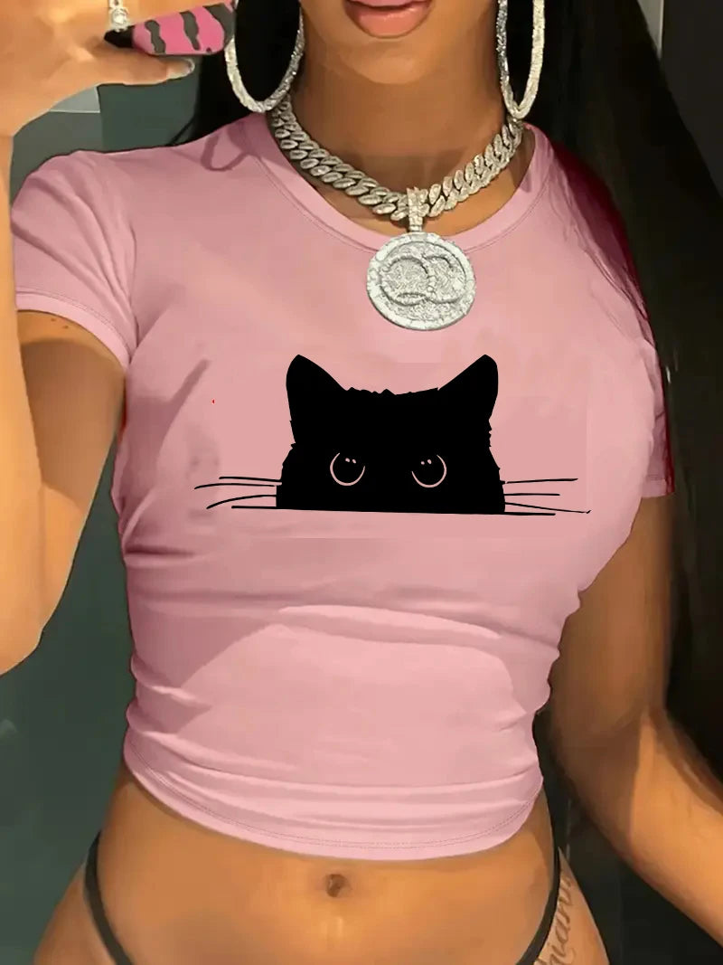Sexy Cropped Comfortable Cat T Shirt Print Crop Top Short Sleeve Crew Neck.