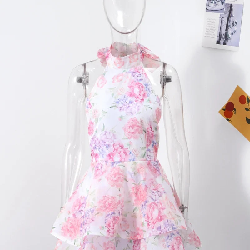 Women’s Chic Floral Printed Mini Dress Backless Sleeveless.