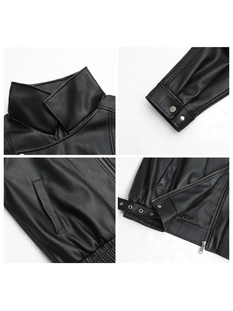 CHIC VEN Woman PU Jacket Solid Loose New Retro Standing Collar Motorcycle.