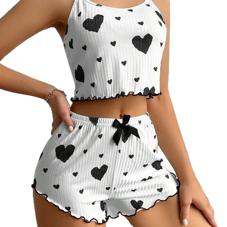 Women's Pajamas Set Straps Sleepwear Vest + Shorts Red Heart Print.
