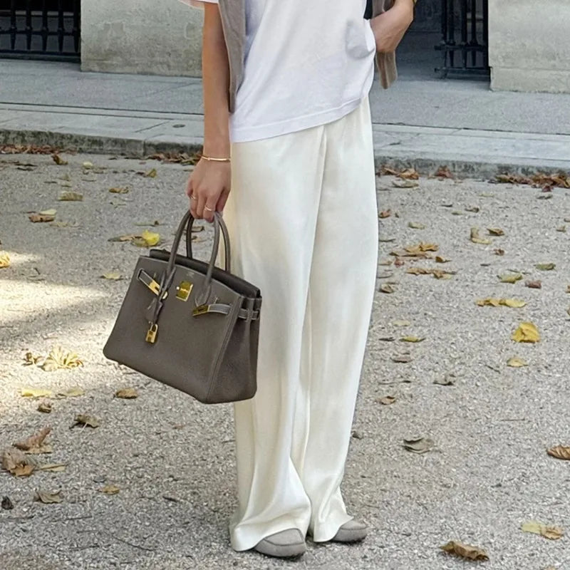 Elegant Satin Wide Leg Pants Women Fashion High Waist Trousers.