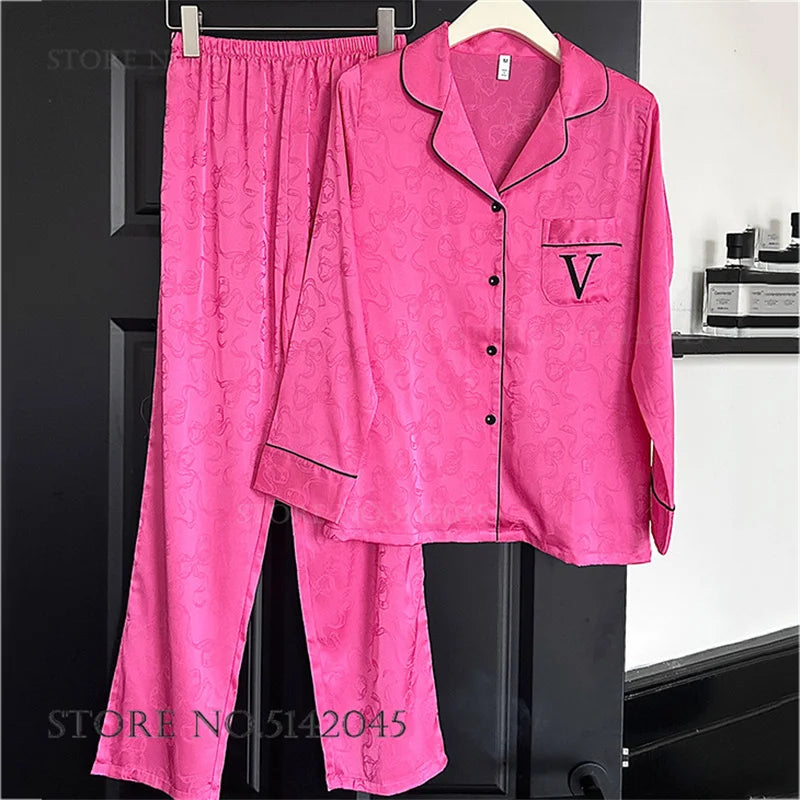 Female 2pcs Pajamas Set Sleepwear Long Sleeve Trouser Pijamas Suit.