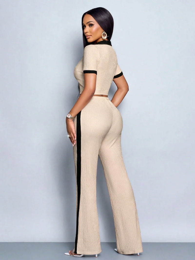 Women's Summer Casual Color Block Polo Collar Short Sleeve T-shirt and Flared Pants.