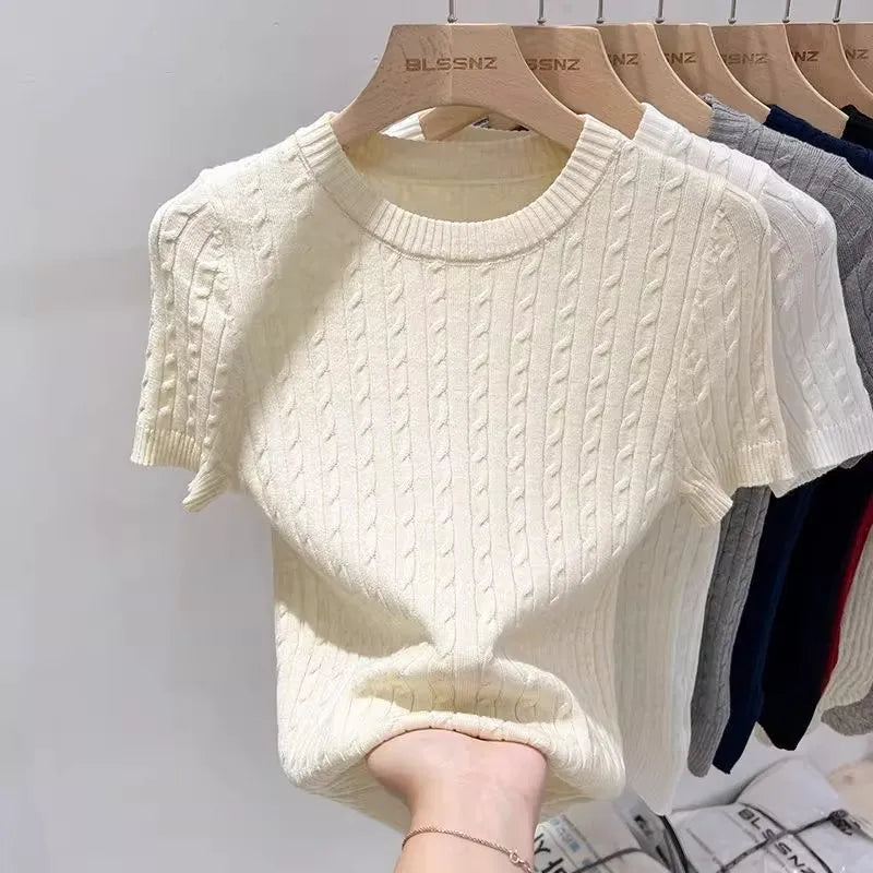 Summer Trendy Solid Color Versatile Tee Apricot O-Neck Women's Short Sleeve.