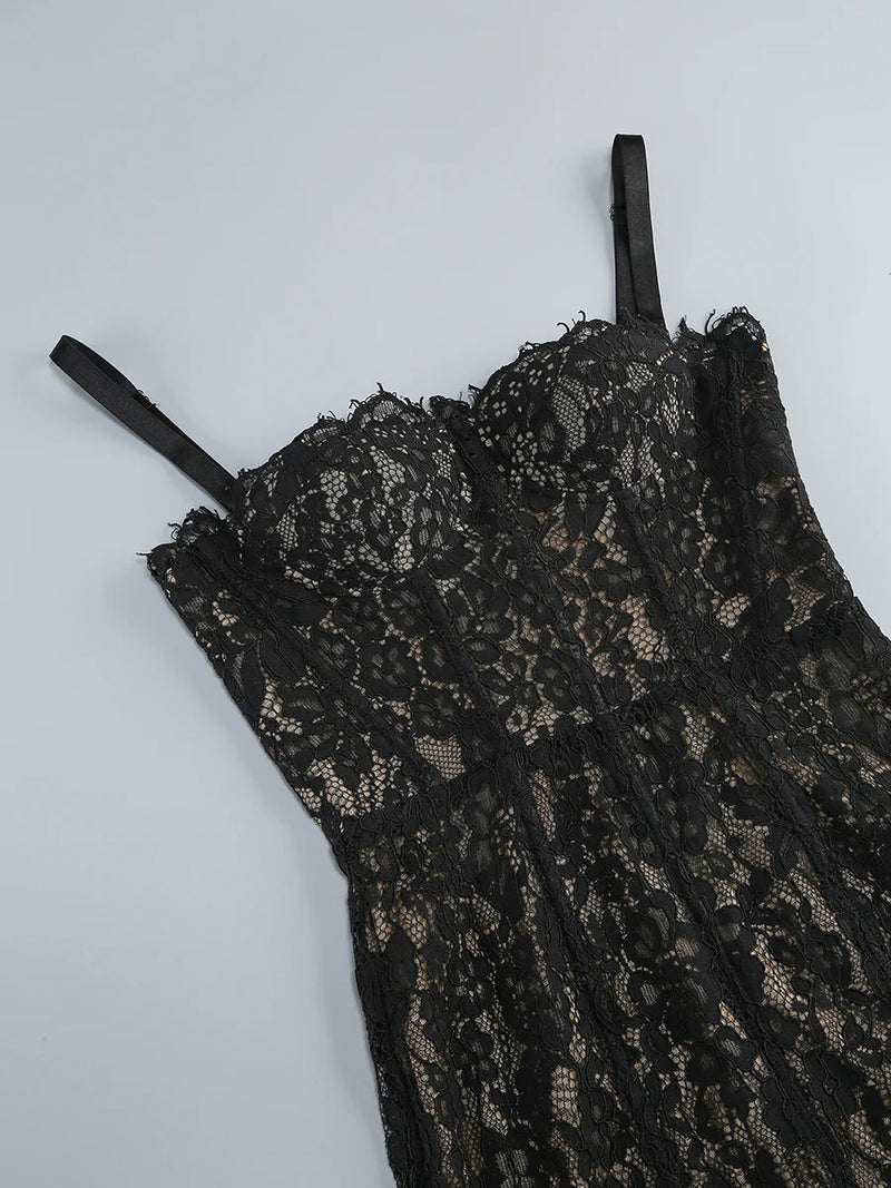 Black Lace Patwork Sleeveless Maxi Dress for Women.