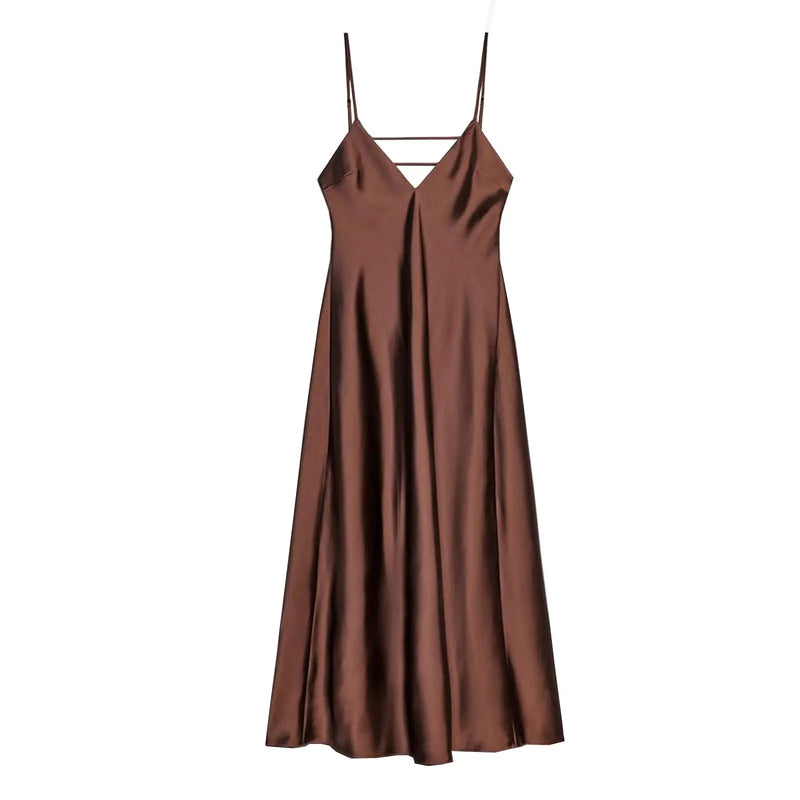 Sexy Chic Satin Women Party Dress V Neck Backless Long Eevning Club Dress.