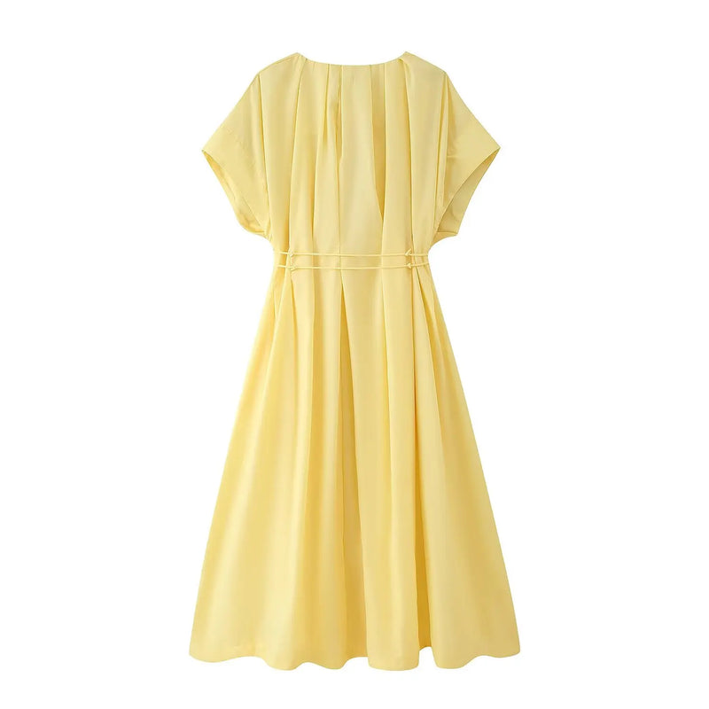 Women's New Fashion V-neck Pleated Down Shoulder Short Sleeve Midi Dress.