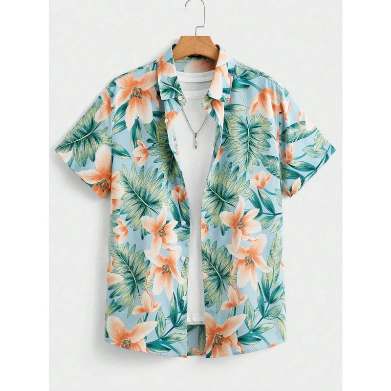 Hawaiian Shirt Man Print Casual Thin Beach Slim Fashion Shirt.