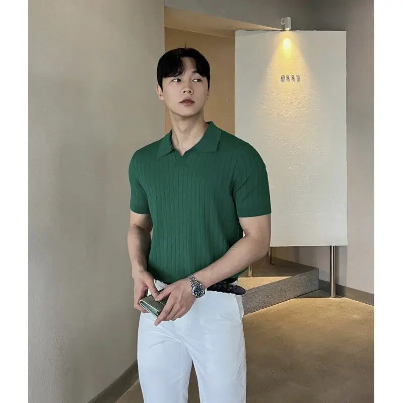 Men Slim Fit Polo Shirts Solid Stretch Sexy Collared TShirt Fashion.