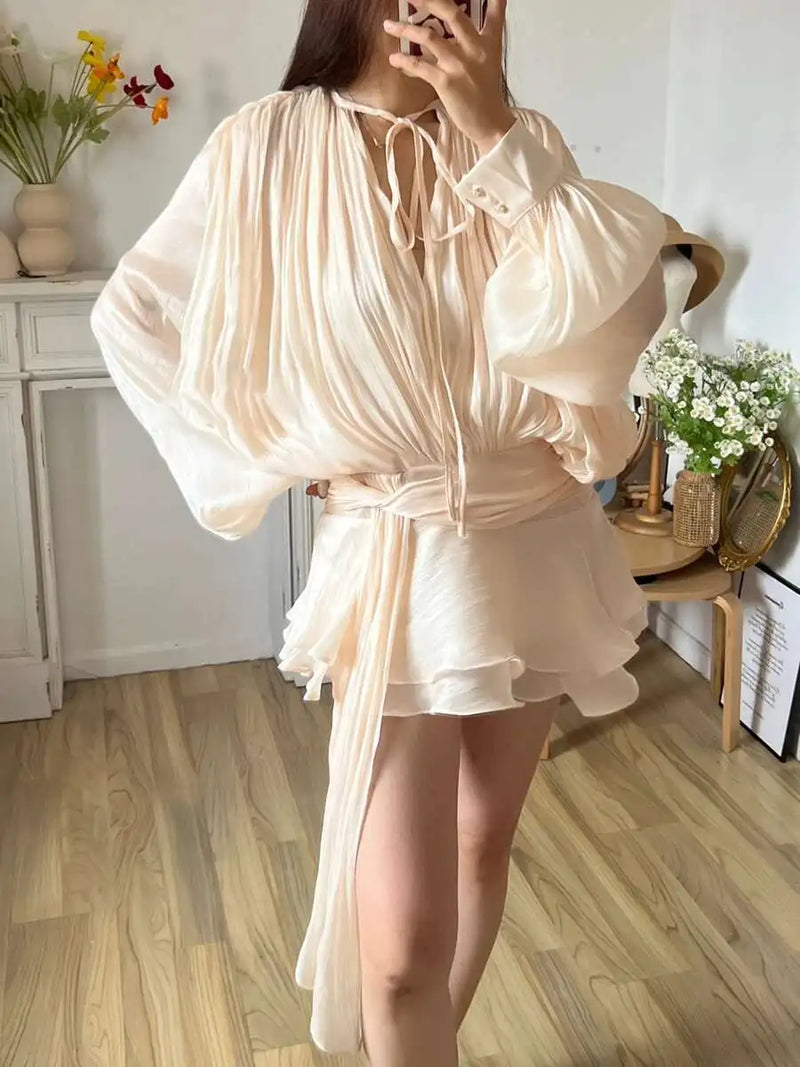 TWOTWINSTYLE Solid Blouse Mini Dresses For Women V Neck Long Sleeve.