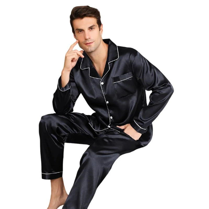 Men's Satin Pajama Set For Men Long Sleeve Button-down Top.