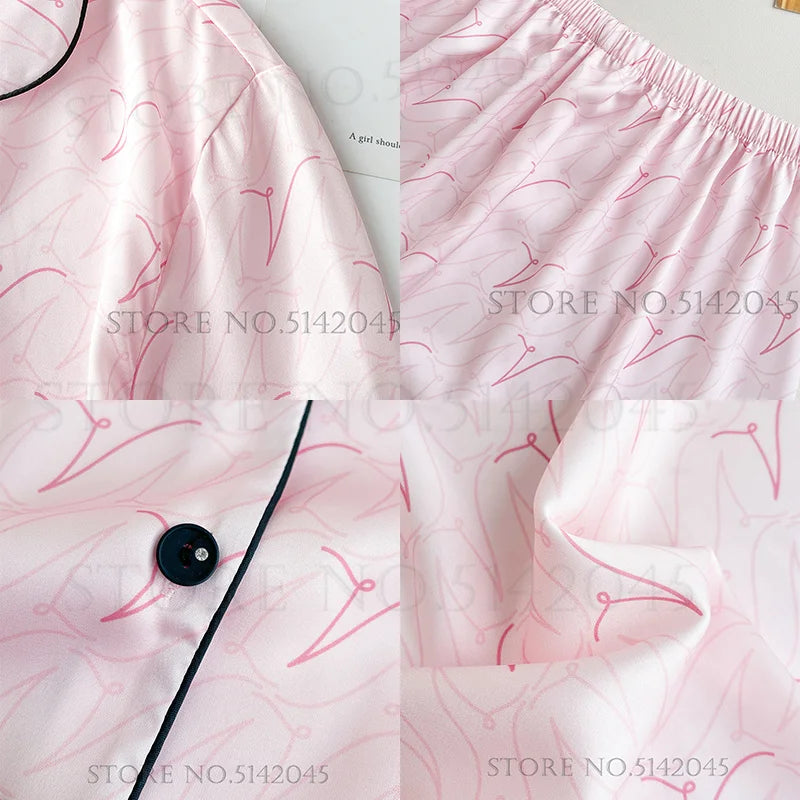 Pink Print Women 2PCS Pajams Set Spring Summer Sleepwear Loungewear.