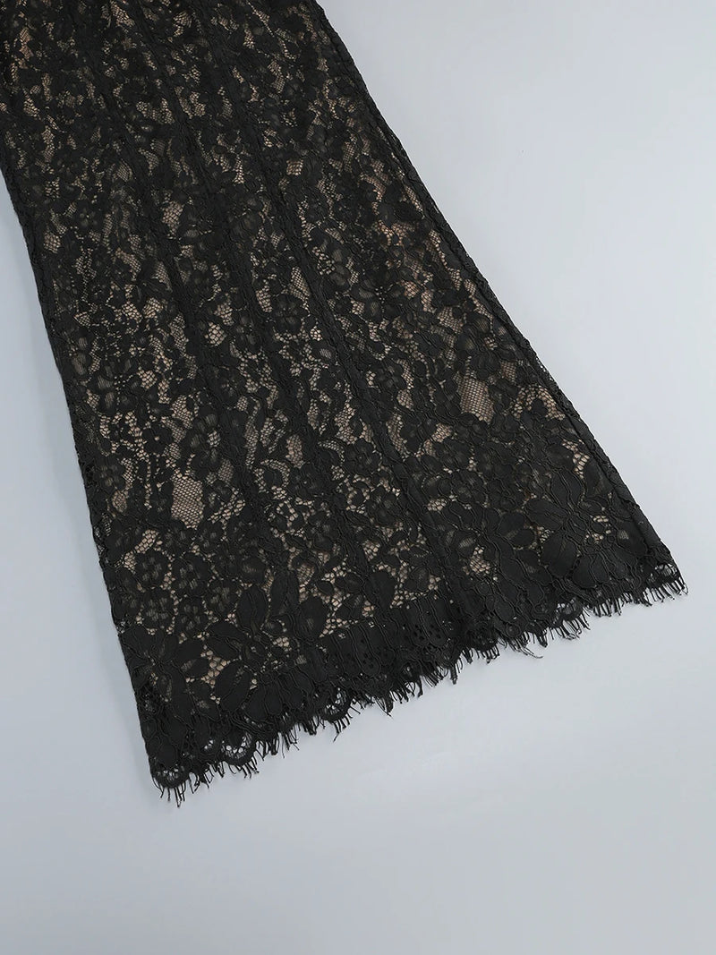 Black Lace Patwork Sleeveless Maxi Dress for Women.