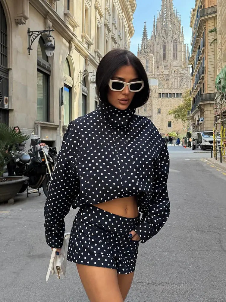 Polka Dot Shorts Sets For Women Trend Outfits Long Sleeve Zipper Turtleneck Jacket Coat Spring Woman Elegant 2 Piece.