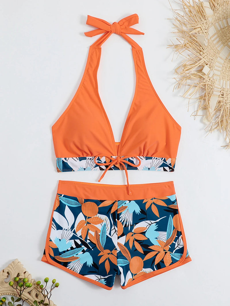 15 Colors Swimwear Women Two-Piece Suit Patchwork Halter Bikini Top.