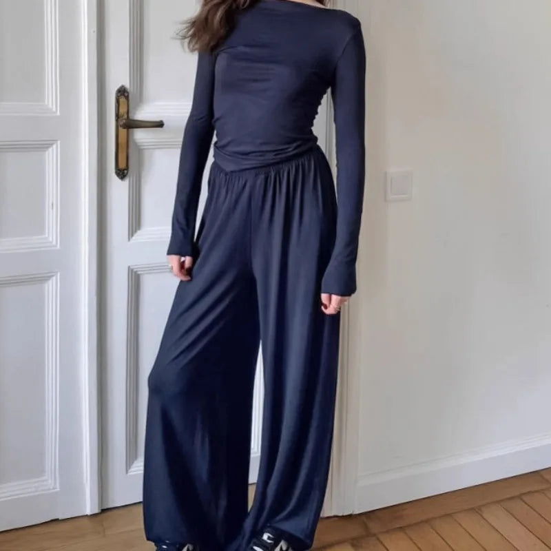 Comfortable Knit Pajama Set European Style Long Sleeve Sleepwear Skin-Friendly Homewear for Women.