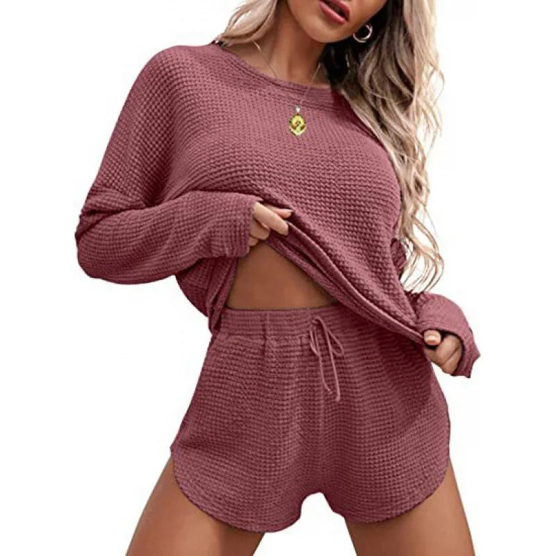 Women's Solid Pajamas Set Long Sleeve Round Neck Top And Shorts Sleepwear.
