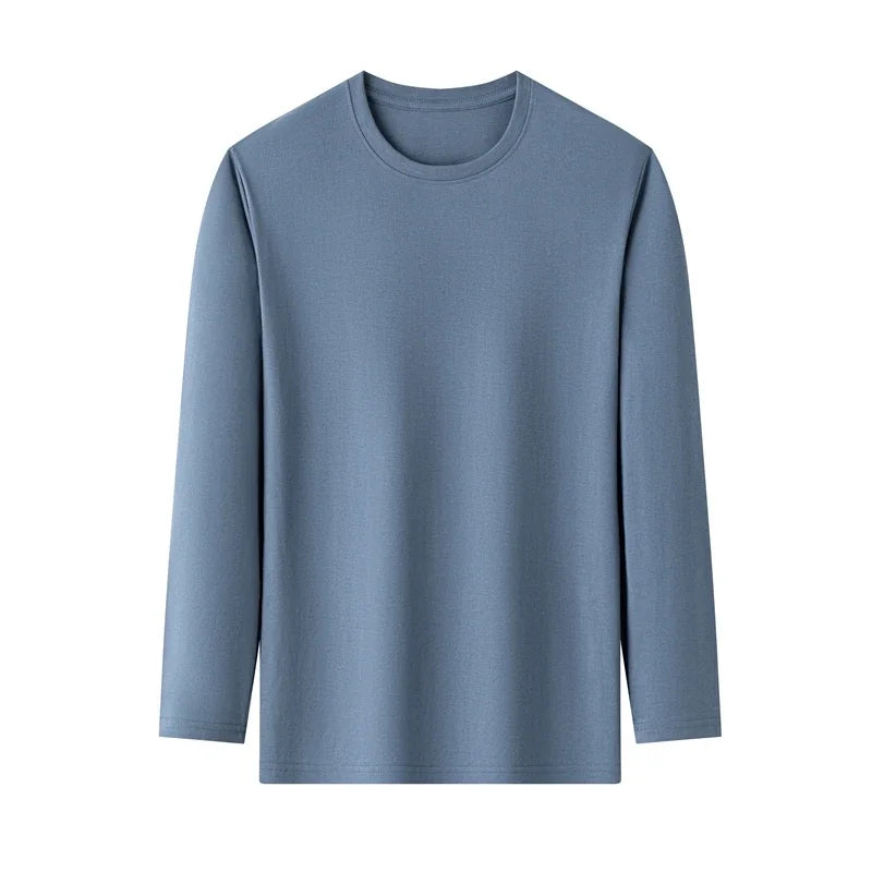 Men's Solid Color Round Neck Cotton Long Sleeved T-shirt.