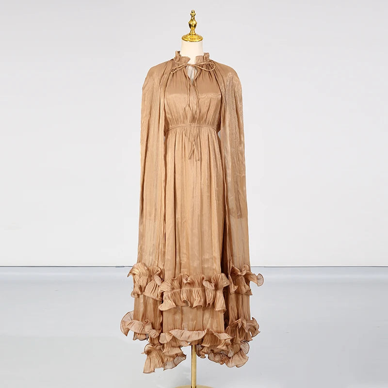 VGH Solid Spliced Ruffles Cape Long Dresses for Women.