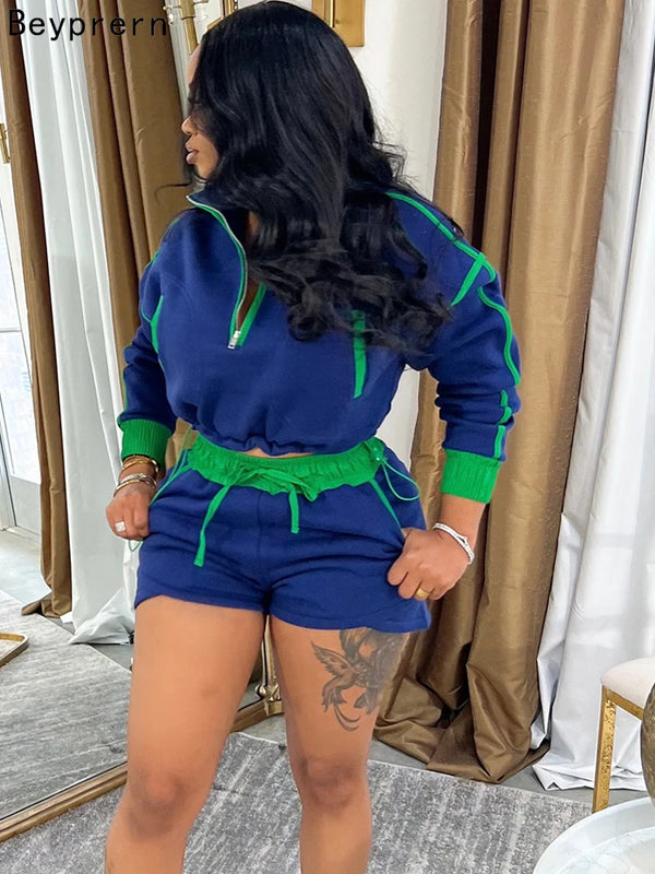 Beyprern Casual Contrast Color Two Piece Set Women Quarter Zip Long Sleeve Crop Top.