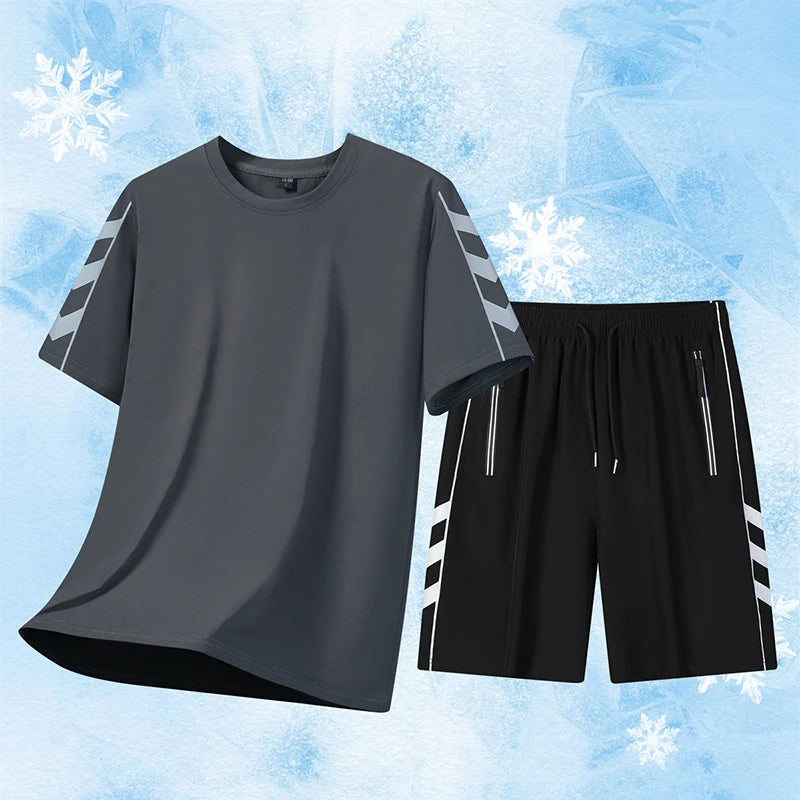 Summer Men's Outdoor Running Fitness Short Sleeved Shorts Ice Silk Set.