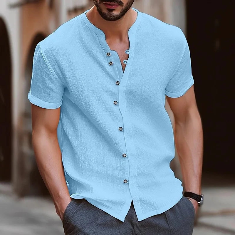 Men's Simple Texture Linen Round-neck Short-sleeve Button-down Solid-color.
