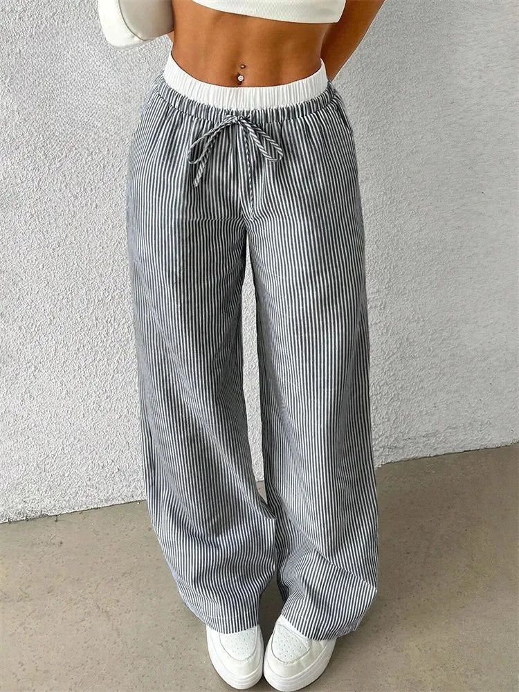 Women's Casual Striped Woven Wide Leg Pants Fall Winter.