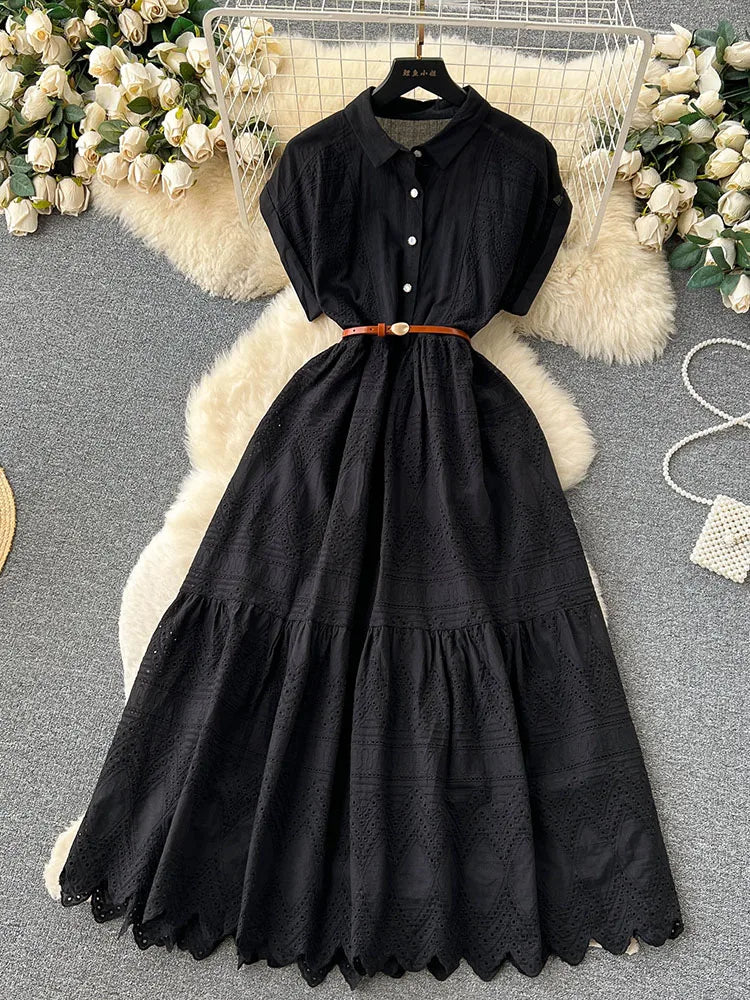Women Summer Dress Loose Breasted Lace Up Long Dress.