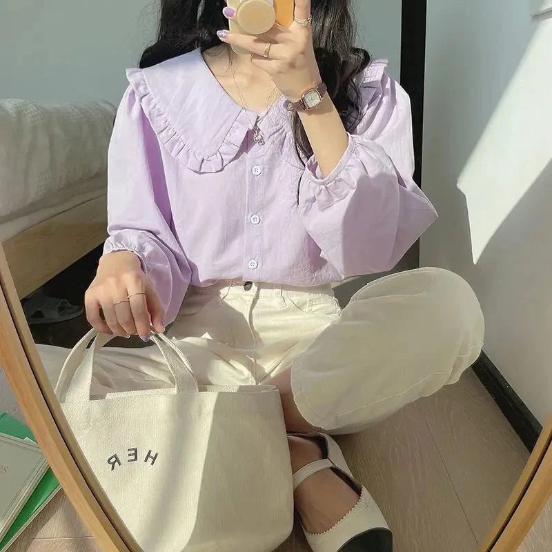 Sweet French Style Ruffle Blouse for Women Spring Summer Puff Sleeve Button.