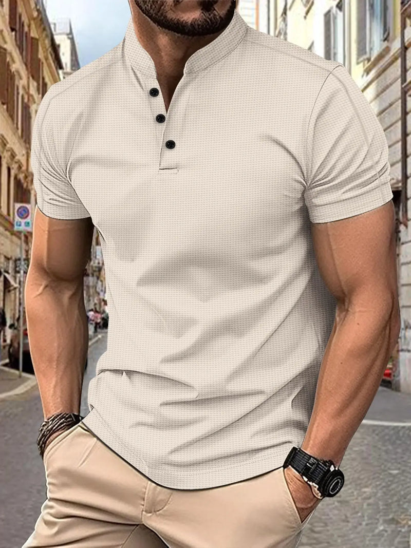 Summer explosion men's short sleeve T-shirt stand collar Waffle Henry.