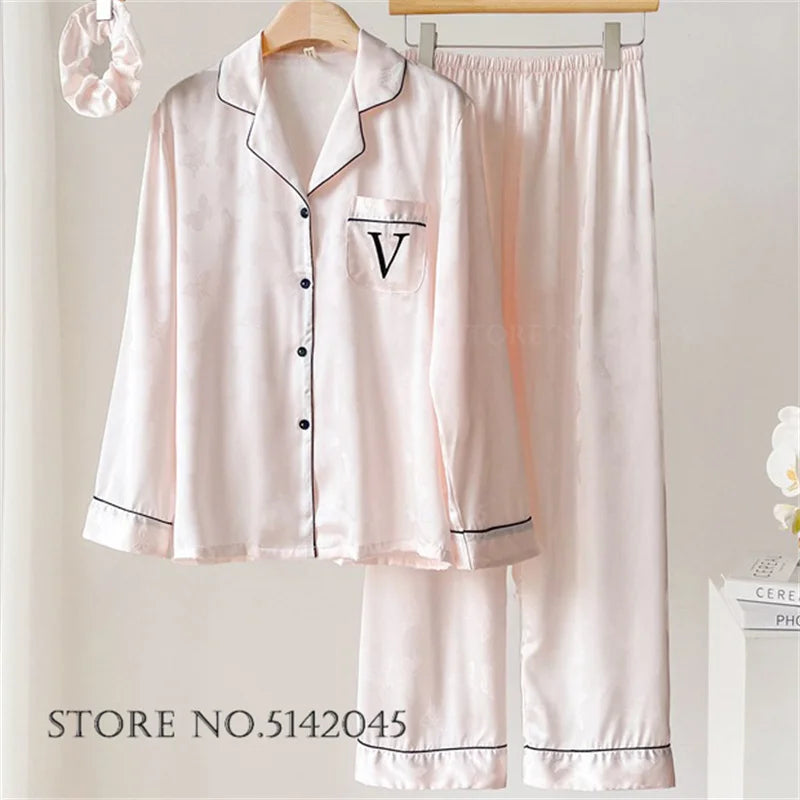 Female 2pcs Pajamas Set Sleepwear Long Sleeve Trouser Pijamas Suit.