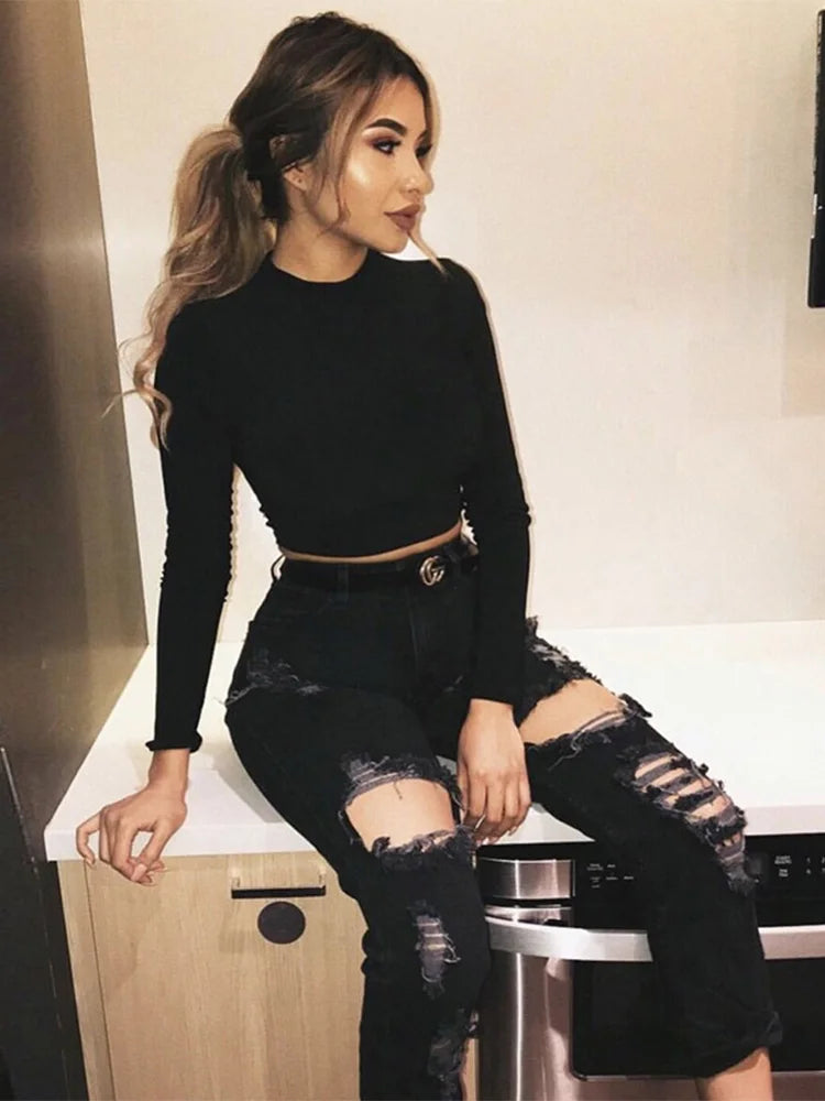 Long Sleeve Crop Top Women Shirts Harajuku Korean Black Burgundy Sexy.