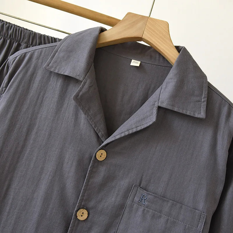 Men's Pajama Set Cotton Gauze Solid Color.