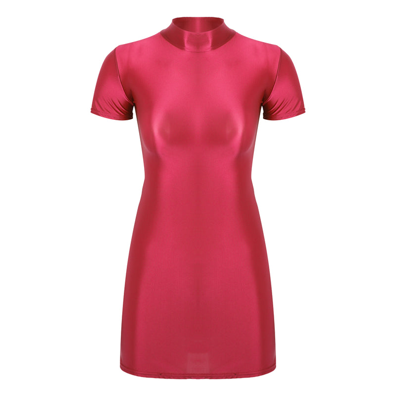 Women’s Oil Glossy Tights Mini Dress Sexy Party Clubwear.