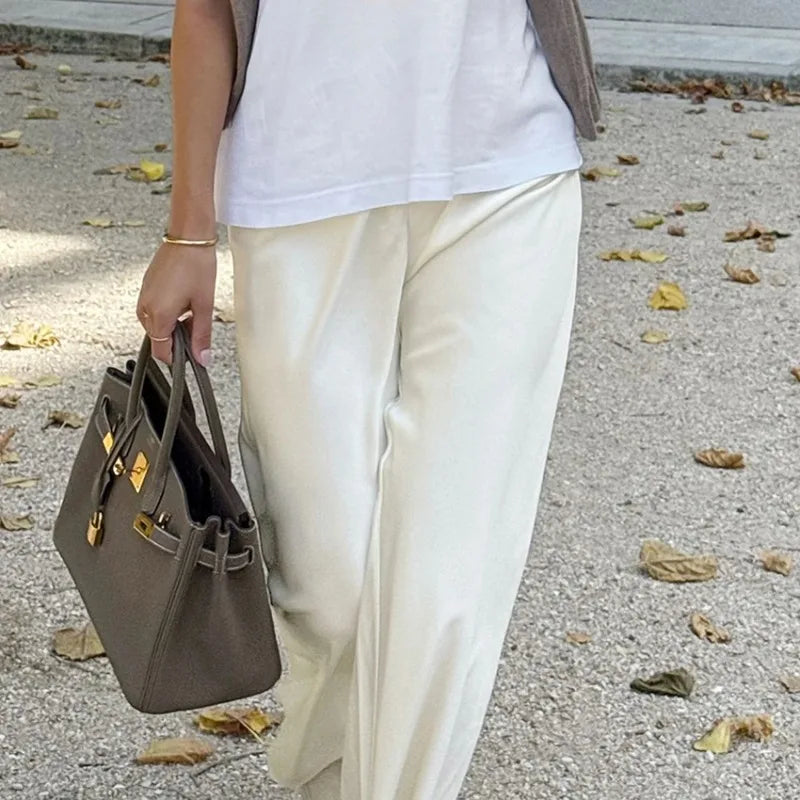 Elegant Satin Wide Leg Pants Women Fashion High Waist Trousers.
