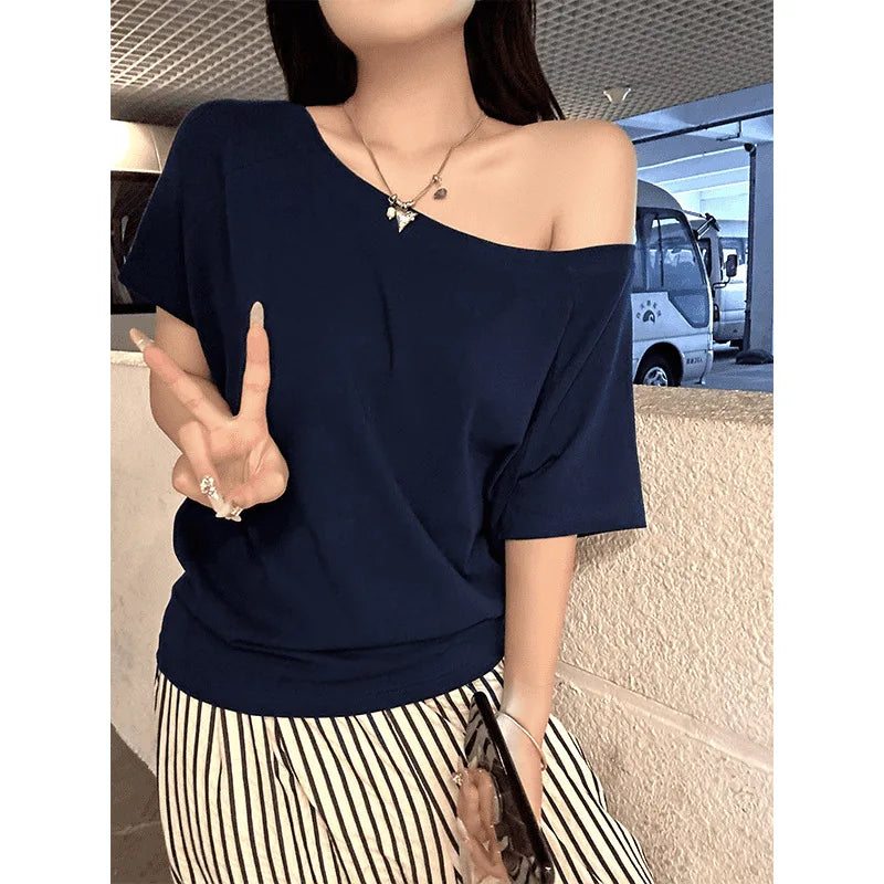 1pcs Summer Women Basic Model Solid Color T-Shirt Lady Short-Sleeved.